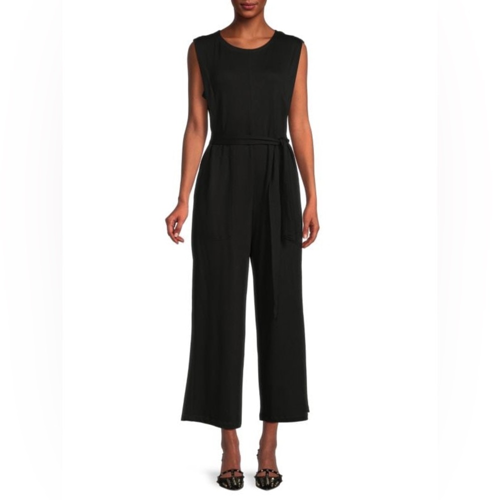MAX STUDIO French Terry Waist-Tie Jumpsuit / Small / Black